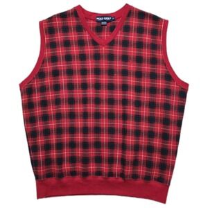 Vintage Polo Ralph Lauren Sweater Vest‎ Mens Large Red Black Tartan Plaid 90s